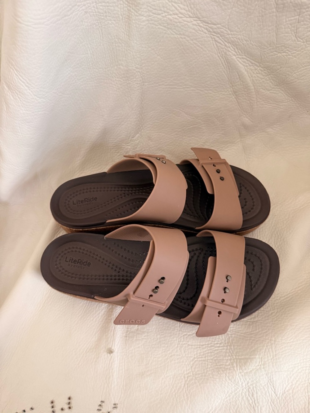 CROCS Double Buckle Slide Sandals in Dusty Rose and Dark Brown